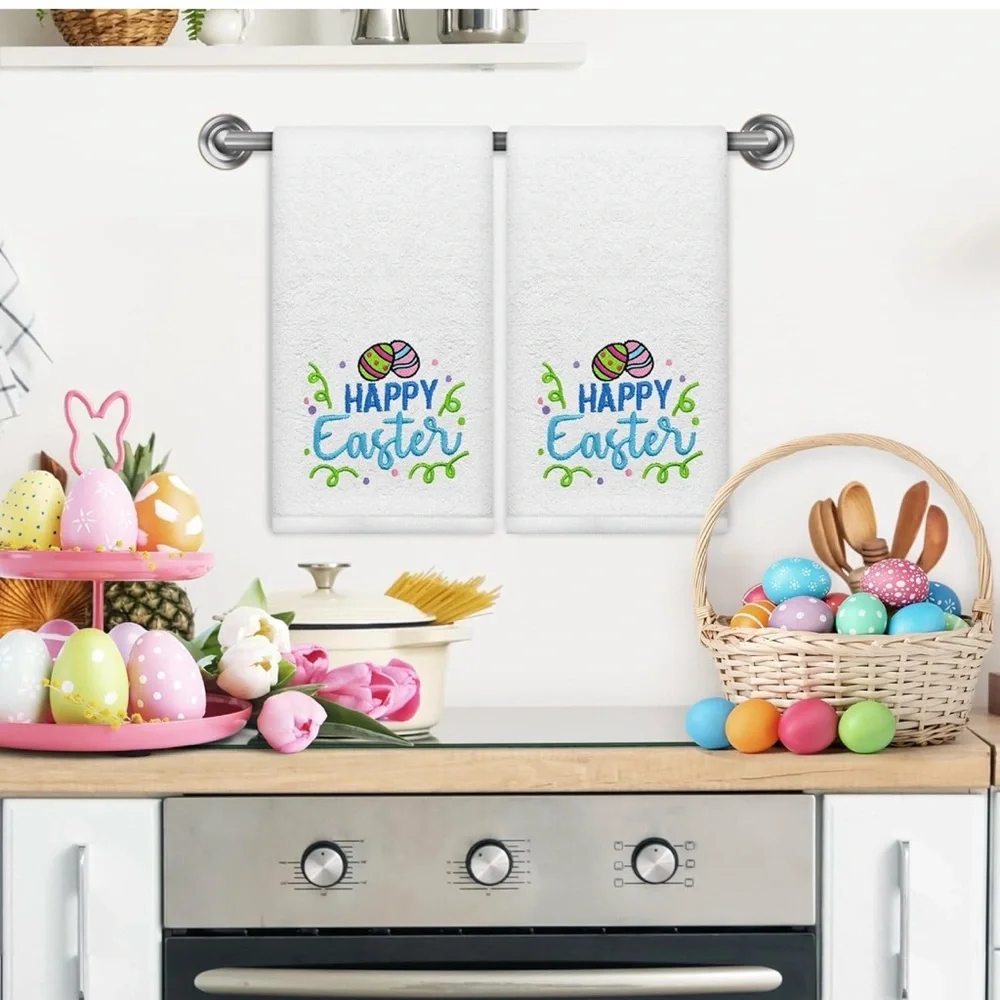 Happy Easter Embroidered White Hand Towels Set of 2